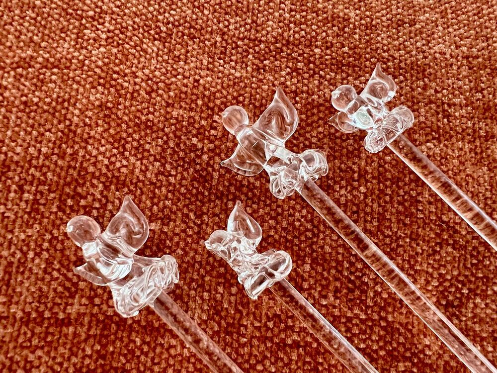 Vintage Hand Blown Glass Swizzle Sticks Set of 4 Bird Drink Stirrers Clear
